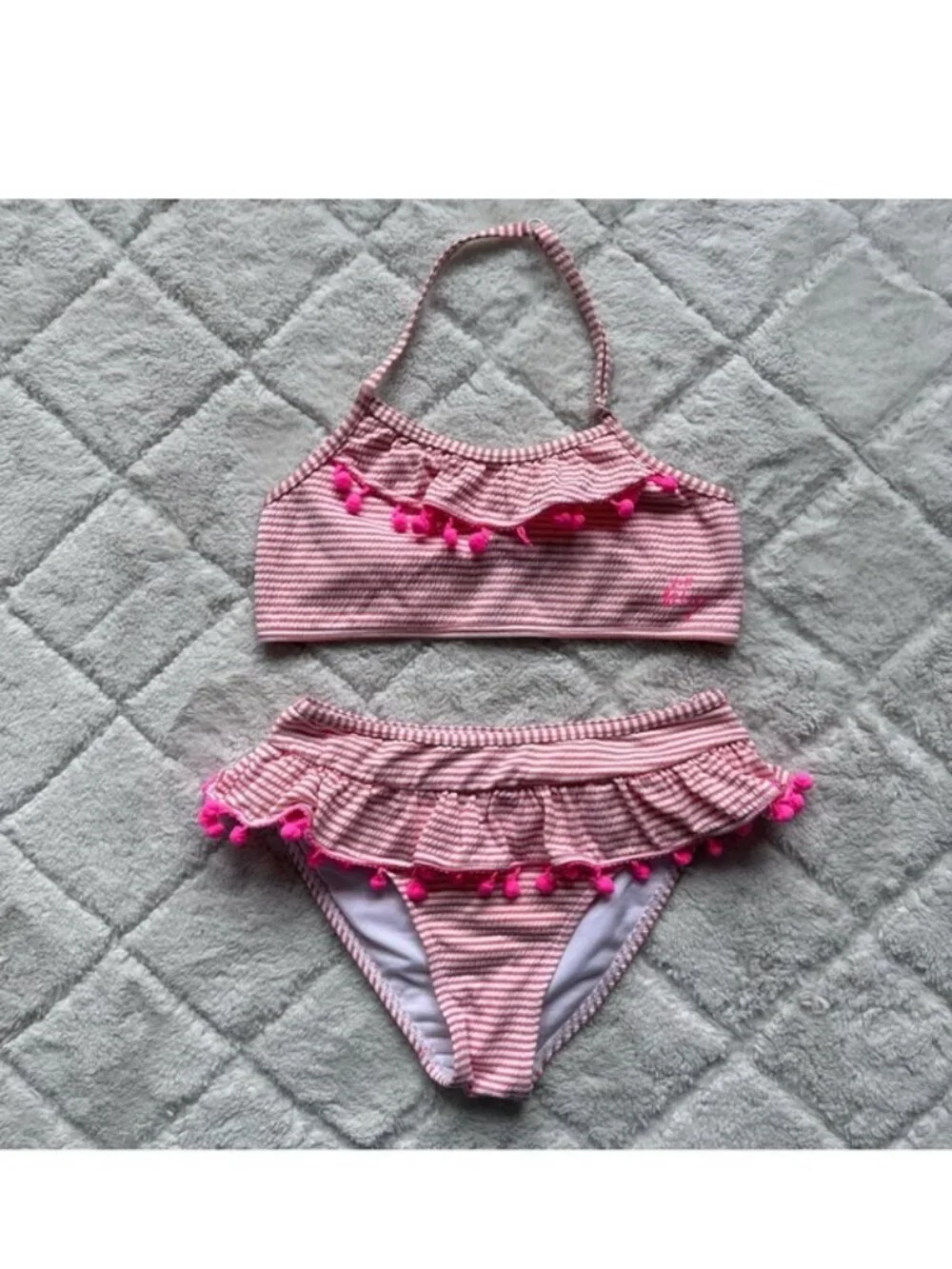 Betsey Johnson | Pink And Cream Seersucker Pompom Trimmed Bikini Set | Size 12